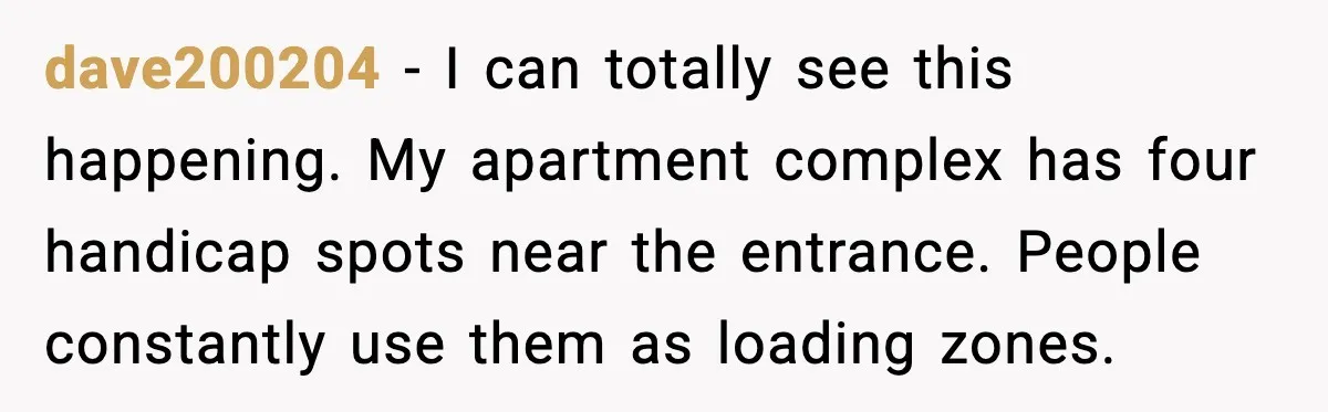 dave200204 - I can totally see this happening. My apartment complex has four handicap spots near the entrance. People constantly use them as loading zones.
