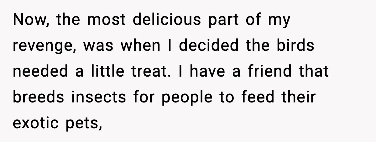 Now, the most delicious part of my revenge, was when I decided the birds needed a little treat. I have a friend that breeds insects for people to feed their...