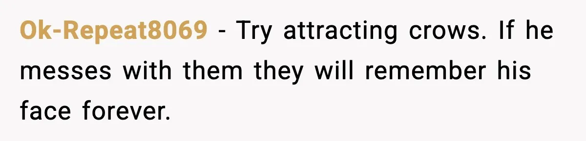 Ok-Repeat8069 - Try attracting crows. If he messes with them they will remember his face forever.