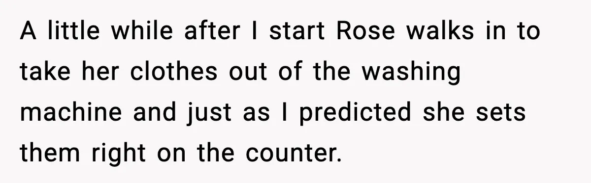 A little while after I start Rose walks in to take her clothes out of the washing machine and just as I predicted she sets them right on the counter.