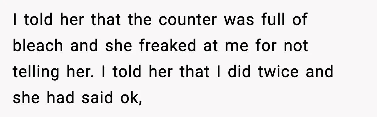 I told her that the counter was full of bleach and she freaked at me for not telling her. I told her that I did twice and she had said...