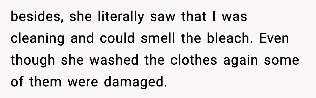 besides, she literally saw that I was cleaning and could smell the bleach. Even though she washed the clothes again some of them were damaged.
