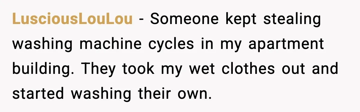 LusciousLouLou - Someone kept stealing washing machine cycles in my apartment building. They took my wet clothes out and started washing their own.