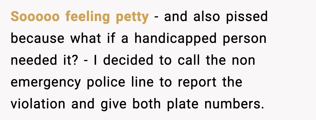Sooooo feeling petty - and also pissed because what if a handicapped person needed it? - I decided to call the non emergency police line to report the violation and...