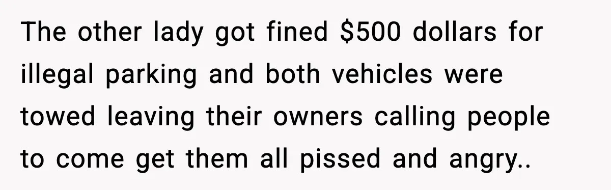 The other lady got fined $500 dollars for illegal parking and both vehicles were towed leaving their owners calling people to come get them all pissed and angry..