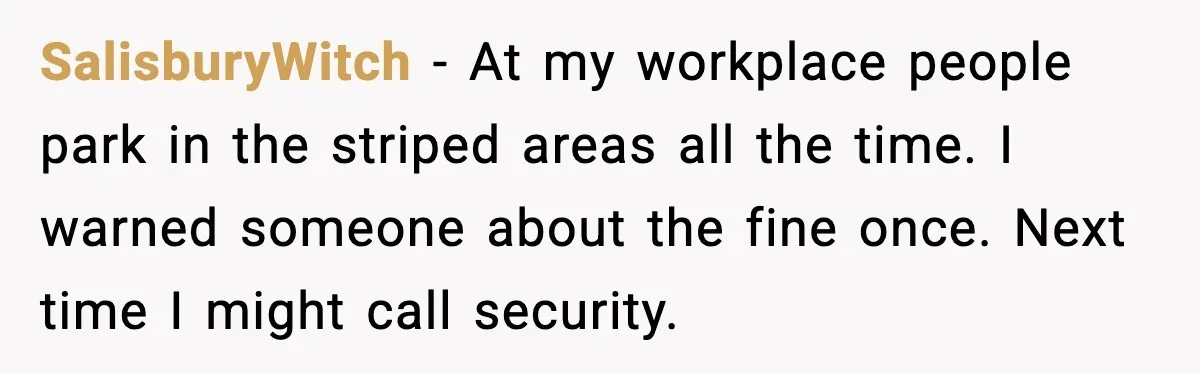 SalisburyWitch - At my workplace people park in the striped areas all the time. I warned someone about the fine once. Next time I might call security.