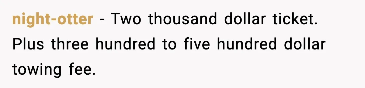 night-otter - Two thousand dollar ticket. Plus three hundred to five hundred dollar towing fee.