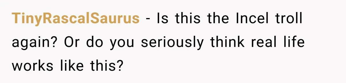 TinyRascalSaurus − Is this the Incel troll again? Or do you seriously think real life works like this?