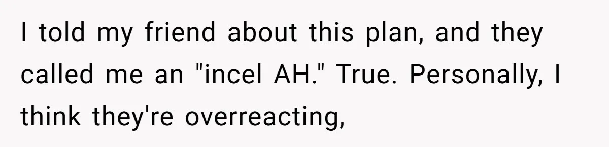 I told my friend about this plan, and they called me an "incel AH." True. Personally, I think they're overreacting,