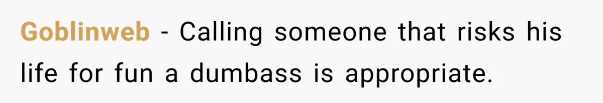 Goblinweb − Calling someone that risks his life for fun a dumbass is appropriate.