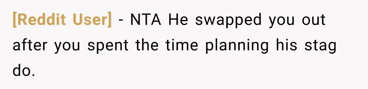 [Reddit User] − NTA He swapped you out after you spent the time planning his stag do.
