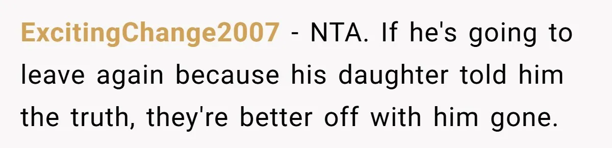 Dad Walks Out For 8 Years, Then Gets Hurt When His Daughter Admits She Doesn’t Remember Him ExcitingChange2007 − NTA. If he's going to leave again because his daughter told him the truth, they're better off with him gone.