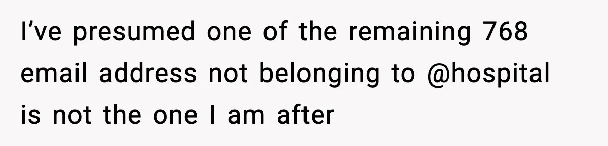I’ve presumed one of the remaining 768 email address not belonging to @hospital is not the one I am after