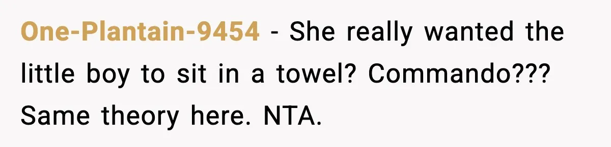 One-Plantain-9454 - She really wanted the little boy to sit in a towel? Commando??? Same theory here. NTA.