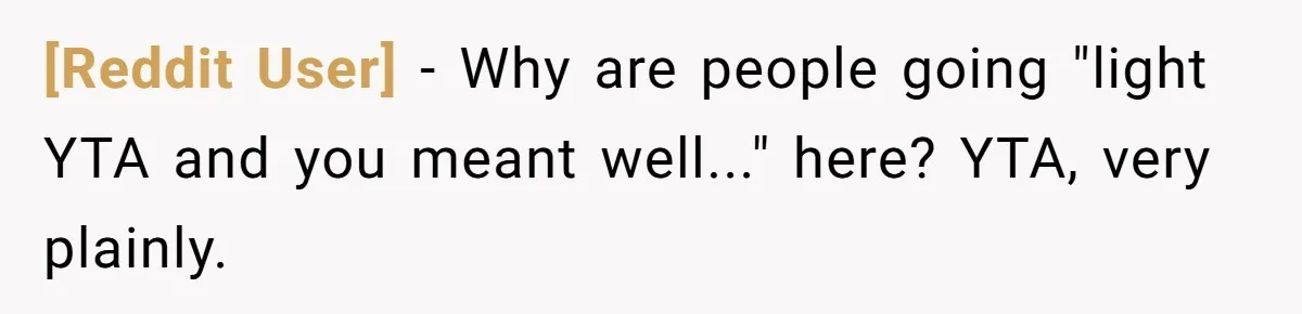 [Reddit User] − Why are people going "light YTA and you meant well..." here? YTA, very plainly.