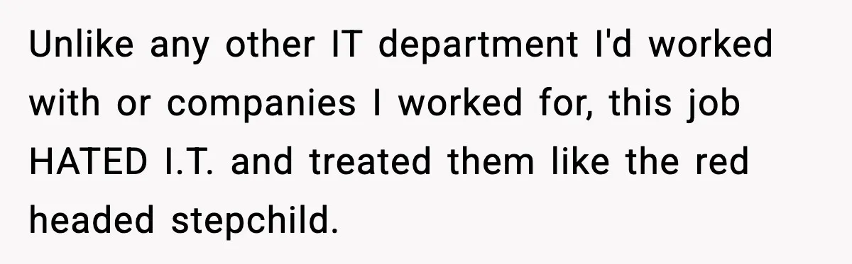 Unlike any other IT department I'd worked with or companies I worked for, this job HATED I.T. and treated them like the red headed stepchild.
