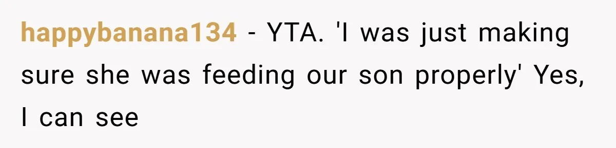 happybanana134 − YTA. 'I was just making sure she was feeding our son properly' Yes, I can see