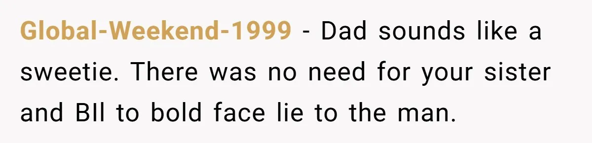 Global-Weekend-1999 − Dad sounds like a sweetie. There was no need for your sister and BIl to bold face lie to the man.