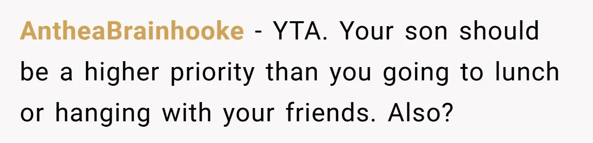 AntheaBrainhooke − YTA. Your son should be a higher priority than you going to lunch or hanging with your friends. Also?