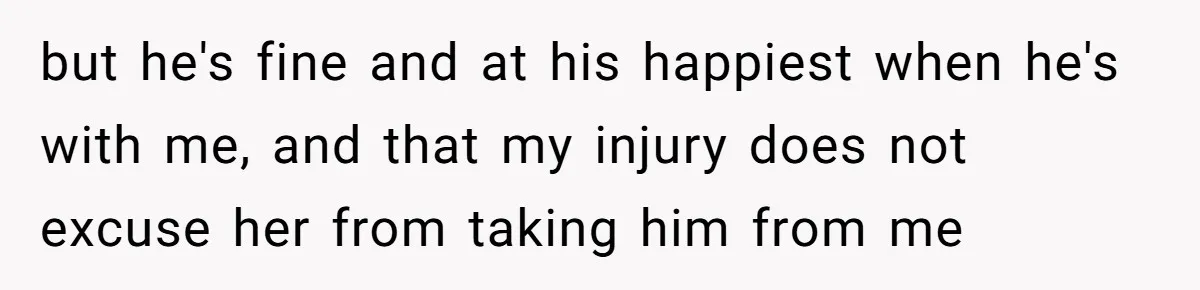 but he's fine and at his happiest when he's with me, and that my injury does not excuse her from taking him from me