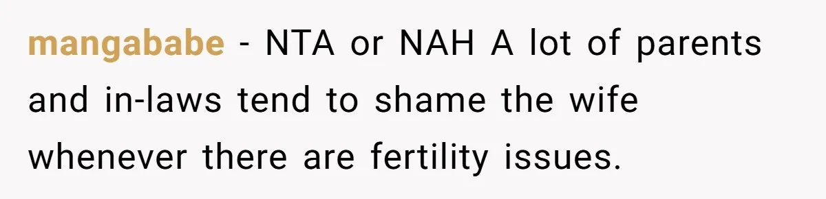 mangababe − NTA or NAH A lot of parents and in-laws tend to shame the wife whenever there are fertility issues.