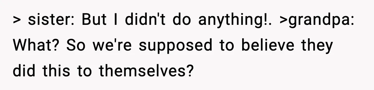 > sister: But I didn't do anything!. >grandpa: What? So we're supposed to believe they did this to themselves?