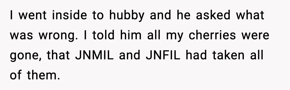 Gardener Devastated After MIL Harvests Entire Cherry Crop While She Was At Work I went inside to hubby and he asked what was wrong. I told him all my cherries were gone, that JNMIL and JNFIL had taken all of them.