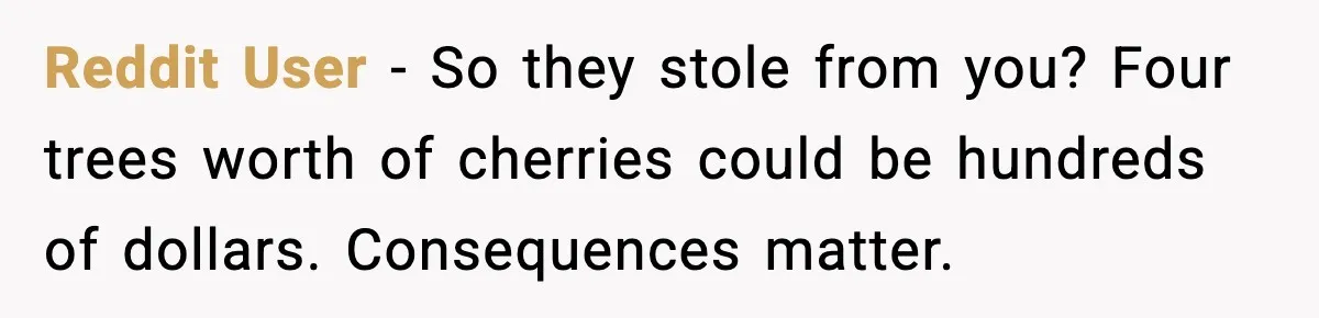 Gardener Devastated After MIL Harvests Entire Cherry Crop While She Was At Work Reddit User - So they stole from you? Four trees worth of cherries could be hundreds of dollars. Consequences matter.