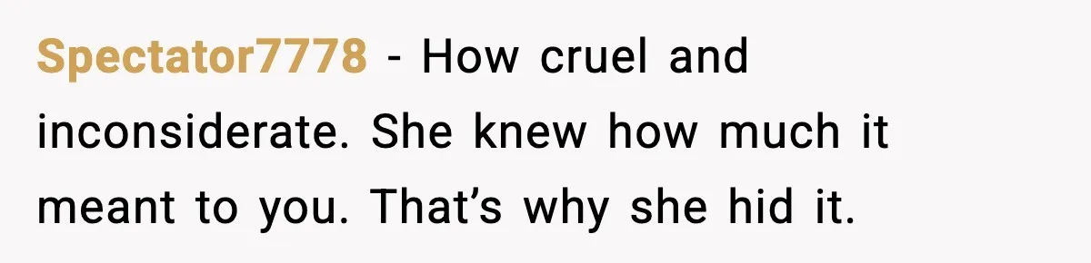 Spectator7778 - How cruel and inconsiderate. She knew how much it meant to you. That’s why she hid it.
