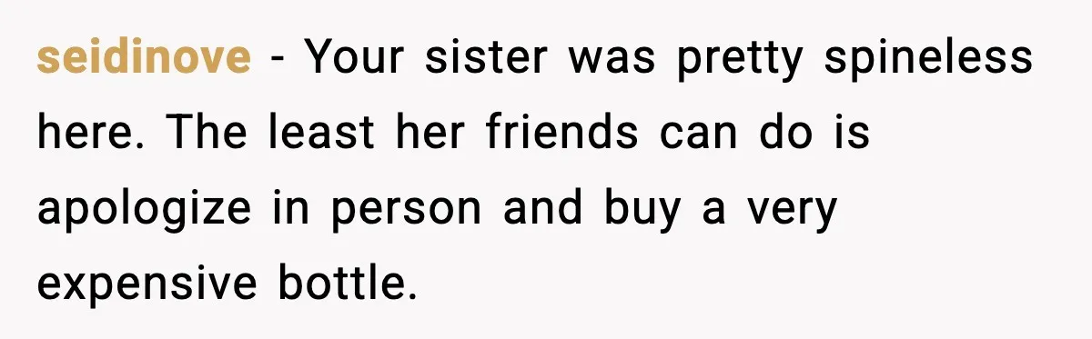 seidinove - Your sister was pretty spineless here. The least her friends can do is apologize in person and buy a very expensive bottle.