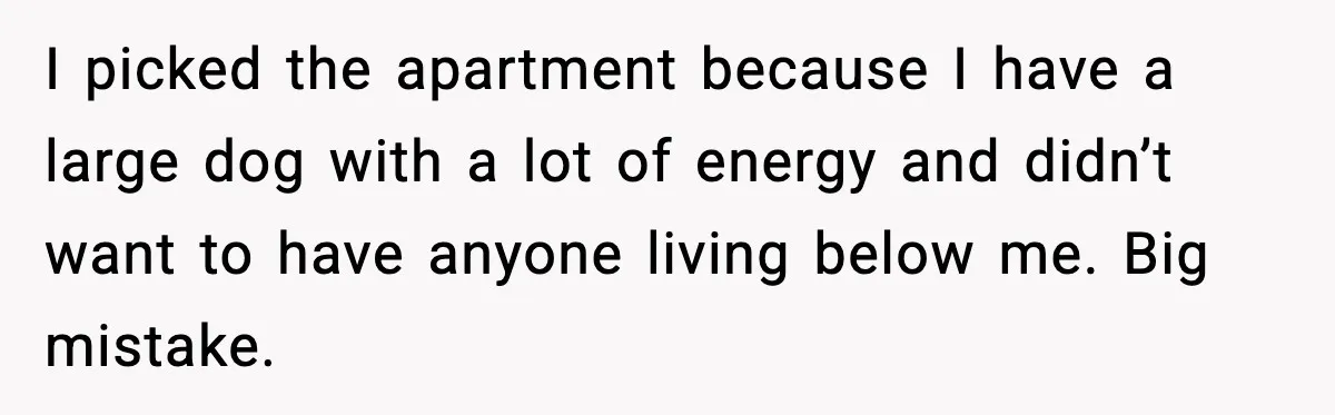 I picked the apartment because I have a large dog with a lot of energy and didn’t want to have anyone living below me. Big mistake.