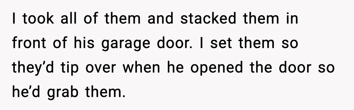 I took all of them and stacked them in front of his garage door. I set them so they’d tip over when he opened the door so he’d grab them.