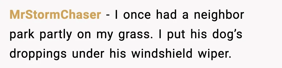 MrStormChaser - I once had a neighbor park partly on my grass. I put his dog’s droppings under his windshield wiper.
