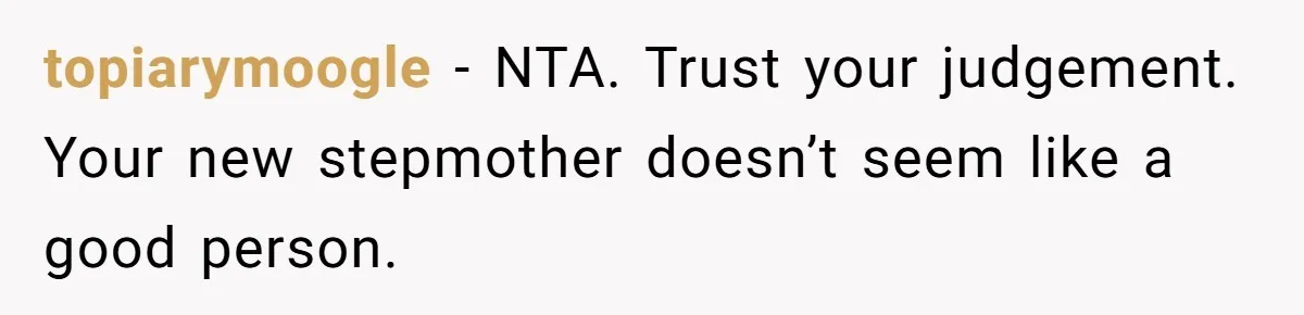 topiarymoogle − NTA. Trust your judgement. Your new stepmother doesn’t seem like a good person.