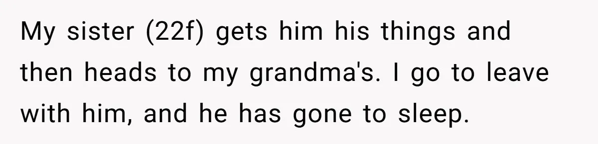 My sister (22f) gets him his things and then heads to my grandma's. I go to leave with him, and he has gone to sleep.