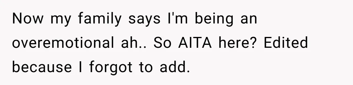 Now my family says I'm being an overemotional ah.. So AITA here? Edited because I forgot to add.