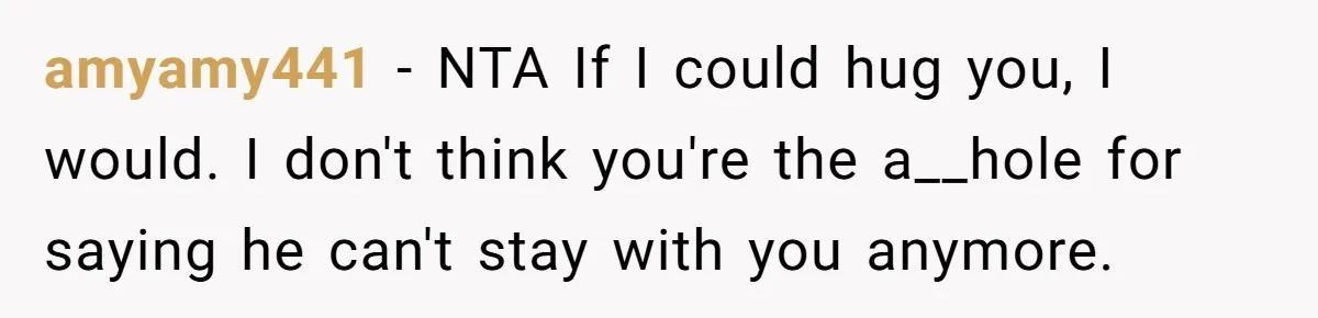 amyamy441 − NTA If I could hug you, I would. I don't think you're the a__hole for saying he can't stay with you anymore.