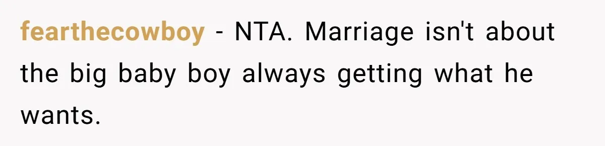 fearthecowboy − NTA. Marriage isn't about the big baby boy always getting what he wants.
