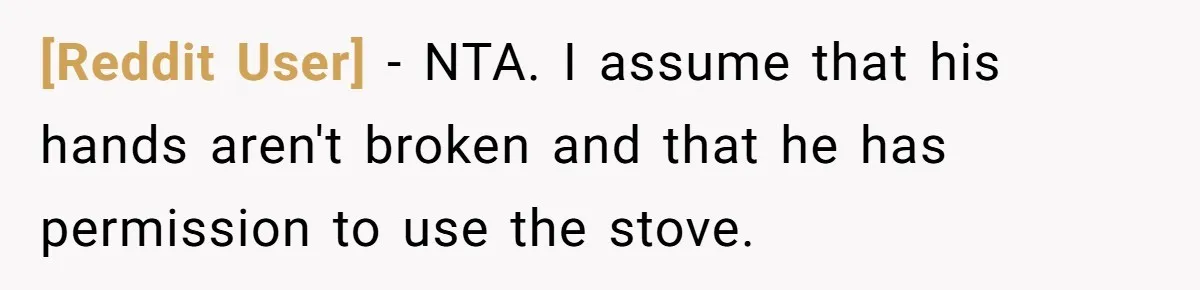 [Reddit User] − NTA. I assume that his hands aren't broken and that he has permission to use the stove.