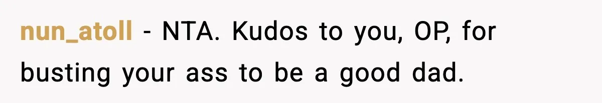 nun_atoll − NTA. Kudos to you, OP, for busting your ass to be a good dad.