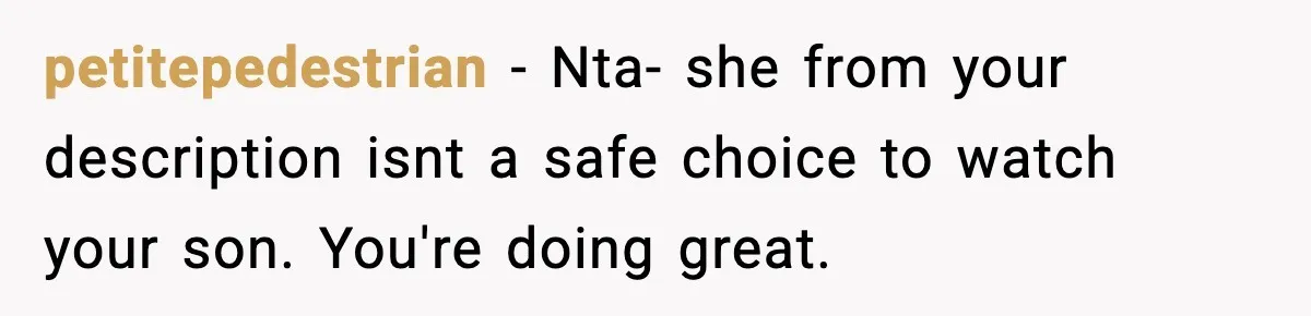 petitepedestrian − Nta- she from your description isnt a safe choice to watch your son. You're doing great.