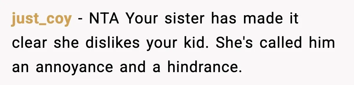just_coy − NTA Your sister has made it clear she dislikes your kid. She's called him an annoyance and a hindrance.