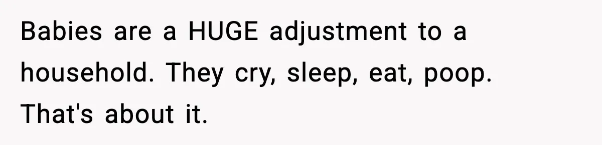 Babies are a HUGE adjustment to a household. They cry, sleep, eat, poop. That's about it.