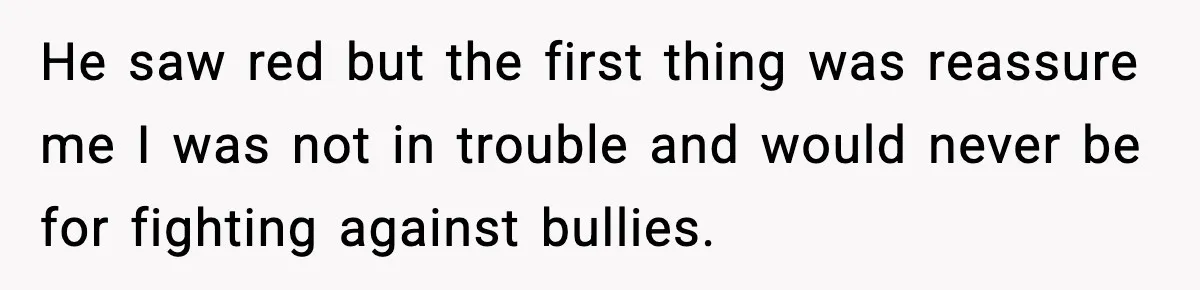 He saw red but the first thing was reassure me I was not in trouble and would never be for fighting against bullies.
