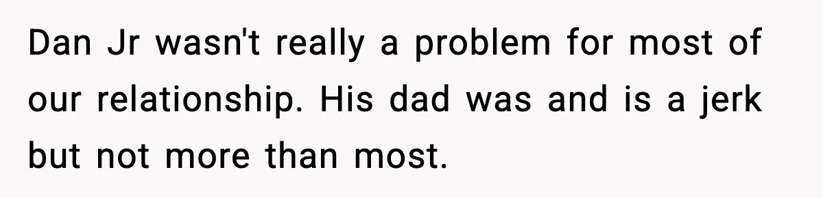Dan Jr wasn't really a problem for most of our relationship. His dad was and is a jerk but not more than most.