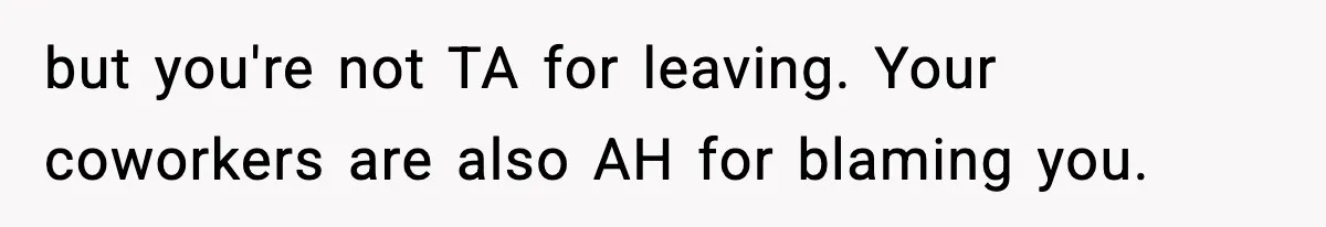 but you're not TA for leaving. Your coworkers are also AH for blaming you.