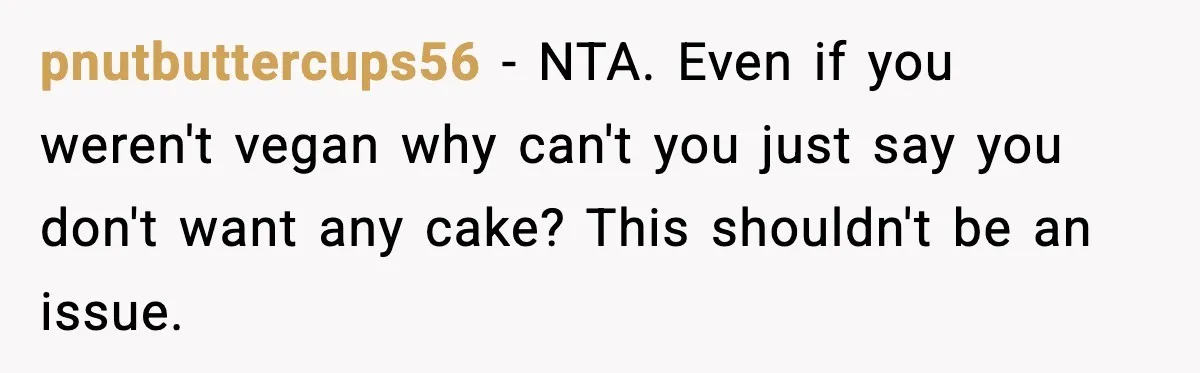 pnutbuttercups56 − NTA. Even if you weren't vegan why can't you just say you don't want any cake? This shouldn't be an issue.