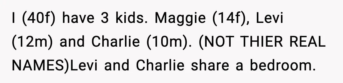 I (40f) have 3 kids. Maggie (14f), Levi (12m) and Charlie (10m). (NOT THIER REAL NAMES)Levi and Charlie share a bedroom.