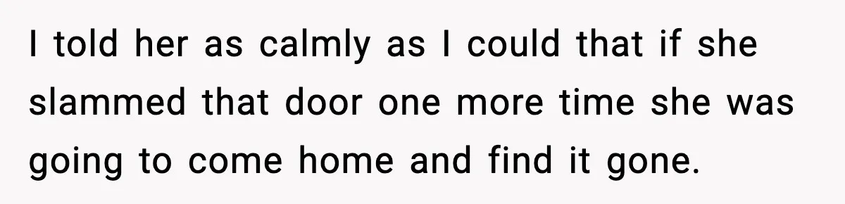 I told her as calmly as I could that if she slammed that door one more time she was going to come home and find it gone.