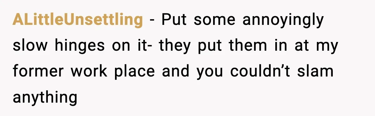 ALittleUnsettling − Put some annoyingly slow hinges on it- they put them in at my former work place and you couldn’t slam anything